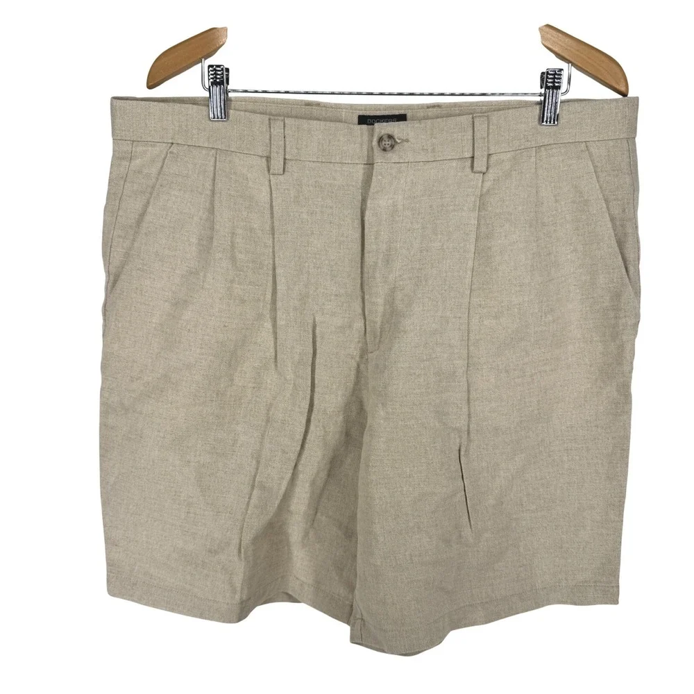 Vintage Mens Beige Linen Pleated Relaxed Fit Shorts Size 38 Thick Preppy Coastal